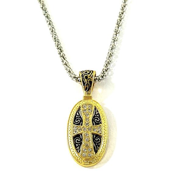 Vintage Necklace Trinity Broadcasting Network Cross Dual Tone Pendant Rhinestone - Picture 1 of 5